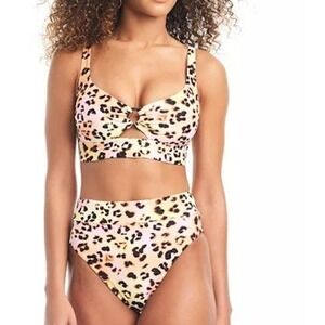 Bar III Womens Banded Ring Bikini Top High Rise Bottoms Leopard Print Size S NEW